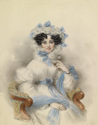 Retrato de la archiduquesa Henriette de Austria con vestido blanco y lazos azules, sentada en un sillón de Johann Ender